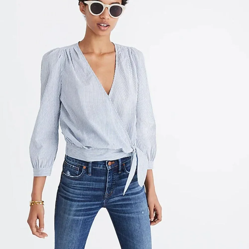 Madewell Blue and White Cotton Striped Tie Waist Wrap Top, size XXS/XS, VGUC
